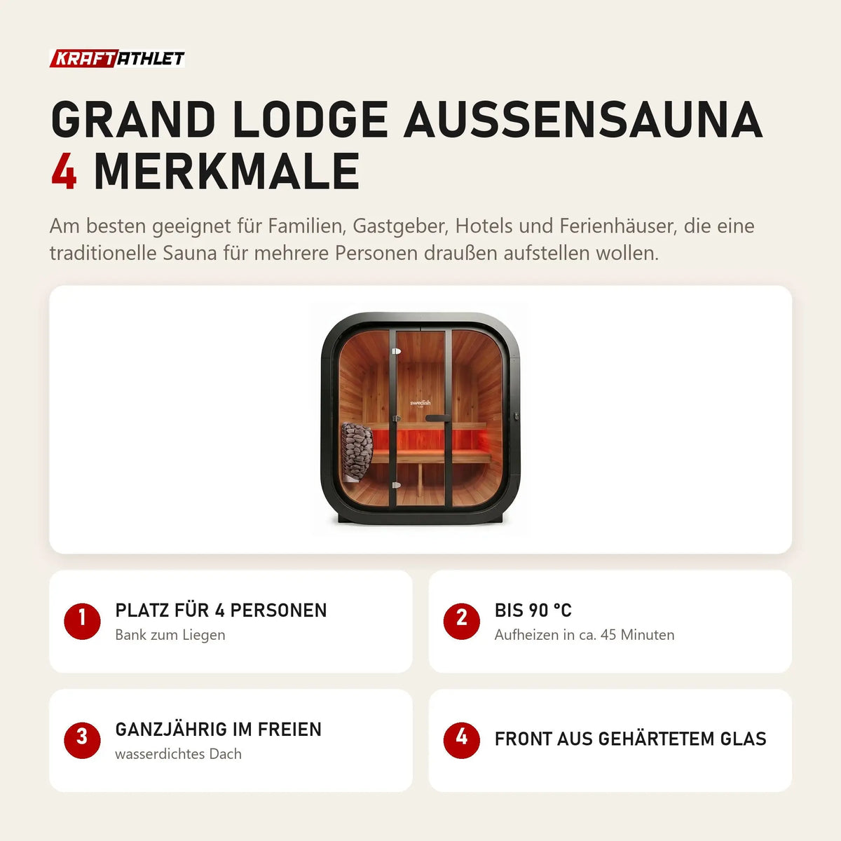 Swedish Cold Grand Lodge Außensauna mit 4 Merkmalen: Platz für 4 Personen, Bis 90 °C, Ganzjährig im Freien, Front aus gehärtetem Glas