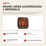 Swedish Cold Grand Lodge Außensauna mit 4 Merkmalen: Platz für 4 Personen, Bis 90 °C, Ganzjährig im Freien, Front aus gehärtetem Glas