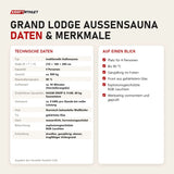 Technische Daten und Merkmale von Swedish Cold Grand Lodge Außensauna als Tabelle