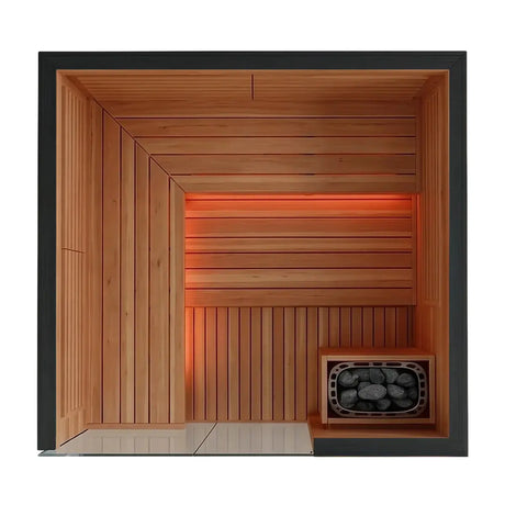 Swedish Cold Hybrid Sauna, Innenraum mit Holzbänken und Saunaofen