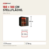 Maßbild Swedish Cold Hybrid Sauna: Stellfläche 180 × 180 cm, Höhe 195 cm