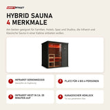 Swedish Cold Hybrid Sauna mit 4 Merkmalen: Infrarot serienmäßig, Platz für 4 bis 6 Personen, Infrarot heizt in ca. 20 Minuten auf, Kanadischer Hemlock