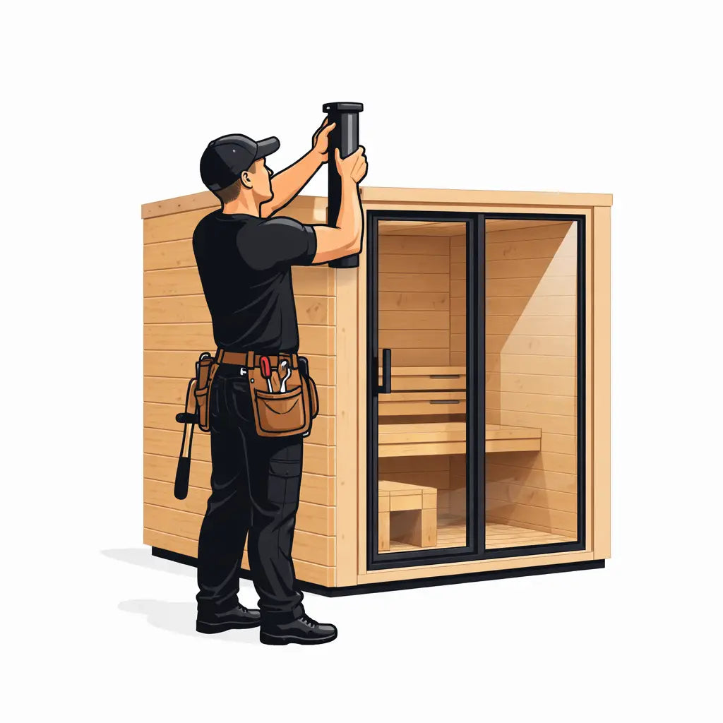Swedish Cold Installationshilfe vor Ort – Illustration: Monteur baut eine Sauna mit Glasfront auf