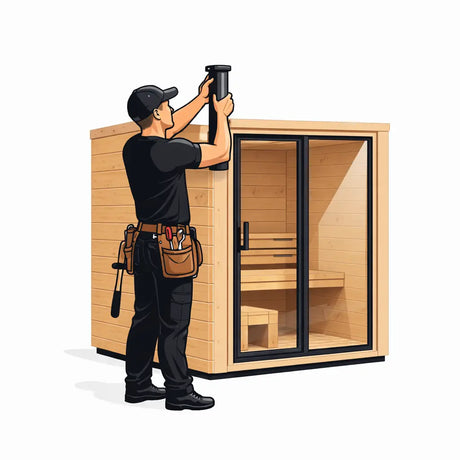 Swedish Cold Installationshilfe vor Ort – Illustration: Monteur baut eine Sauna mit Glasfront auf