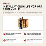 Swedish Cold Installationshilfe vor Ort mit 4 Merkmalen: Montage durch Fachpersonal am Wunschplatz, Kontrolle von Passform, Tür, Glas und Beschlägen, Verpackung wird mitgenommen, Buchbar zu deiner Sauna