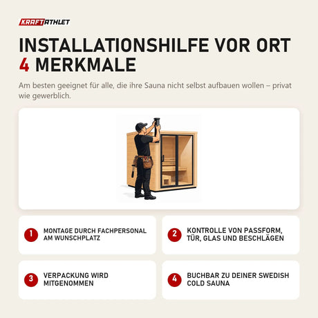 Swedish Cold Installationshilfe vor Ort mit 4 Merkmalen: Montage durch Fachpersonal am Wunschplatz, Kontrolle von Passform, Tür, Glas und Beschlägen, Verpackung wird mitgenommen, Buchbar zu deiner Sauna