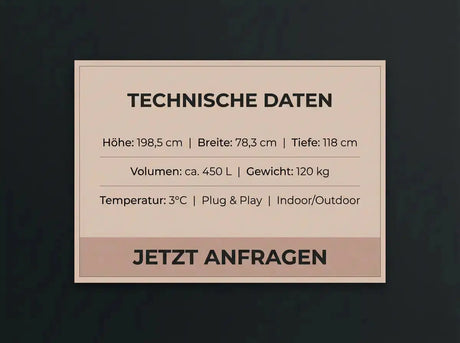 Swedish Cold Nordic Tub Eisbad – Übersicht der technischen Daten auf dunklem Hintergrund