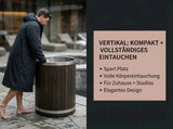 Swedish Cold Nordic Tub Eisbad – Person im Bademantel neben der Wanne, Infografik zur vertikalen Bauform