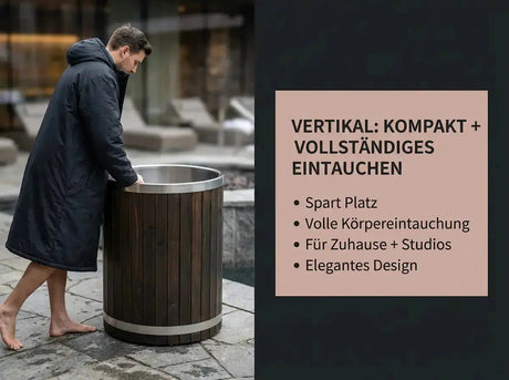Swedish Cold Nordic Tub Eisbad – Person im Bademantel neben der Wanne, Infografik zur vertikalen Bauform