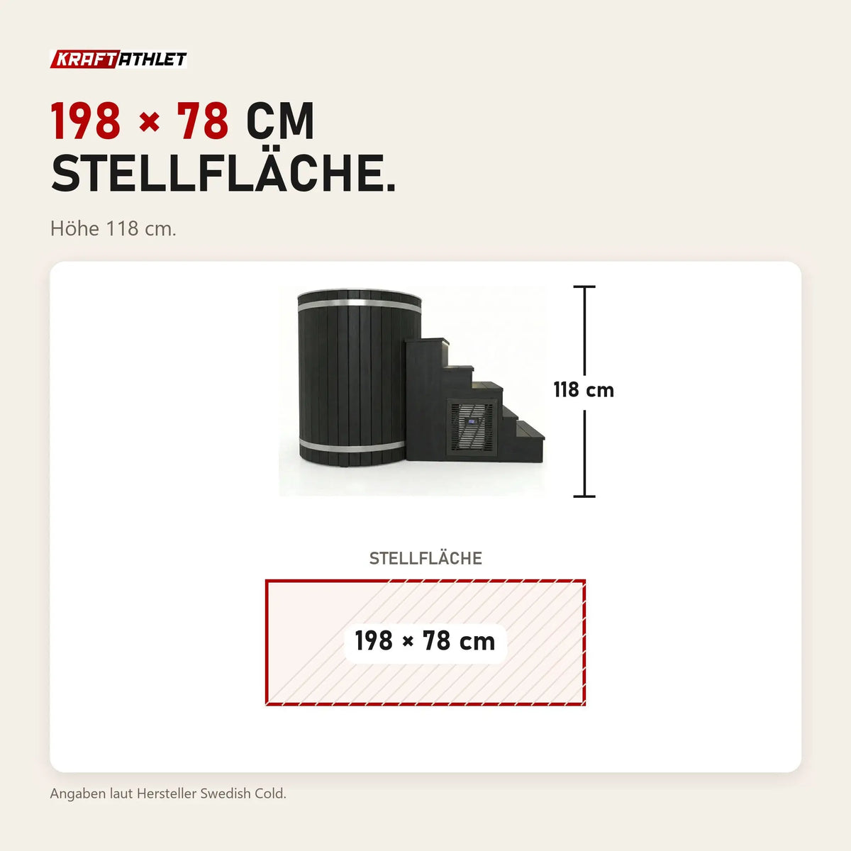 Maßbild Swedish Cold Nordic Tub Eisbad: Stellfläche 198 × 78 cm, Höhe 118 cm