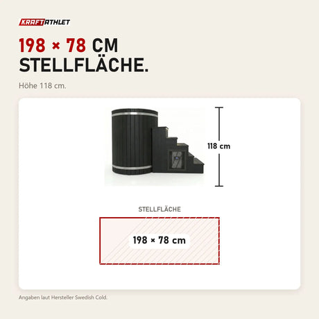 Maßbild Swedish Cold Nordic Tub Eisbad: Stellfläche 198 × 78 cm, Höhe 118 cm