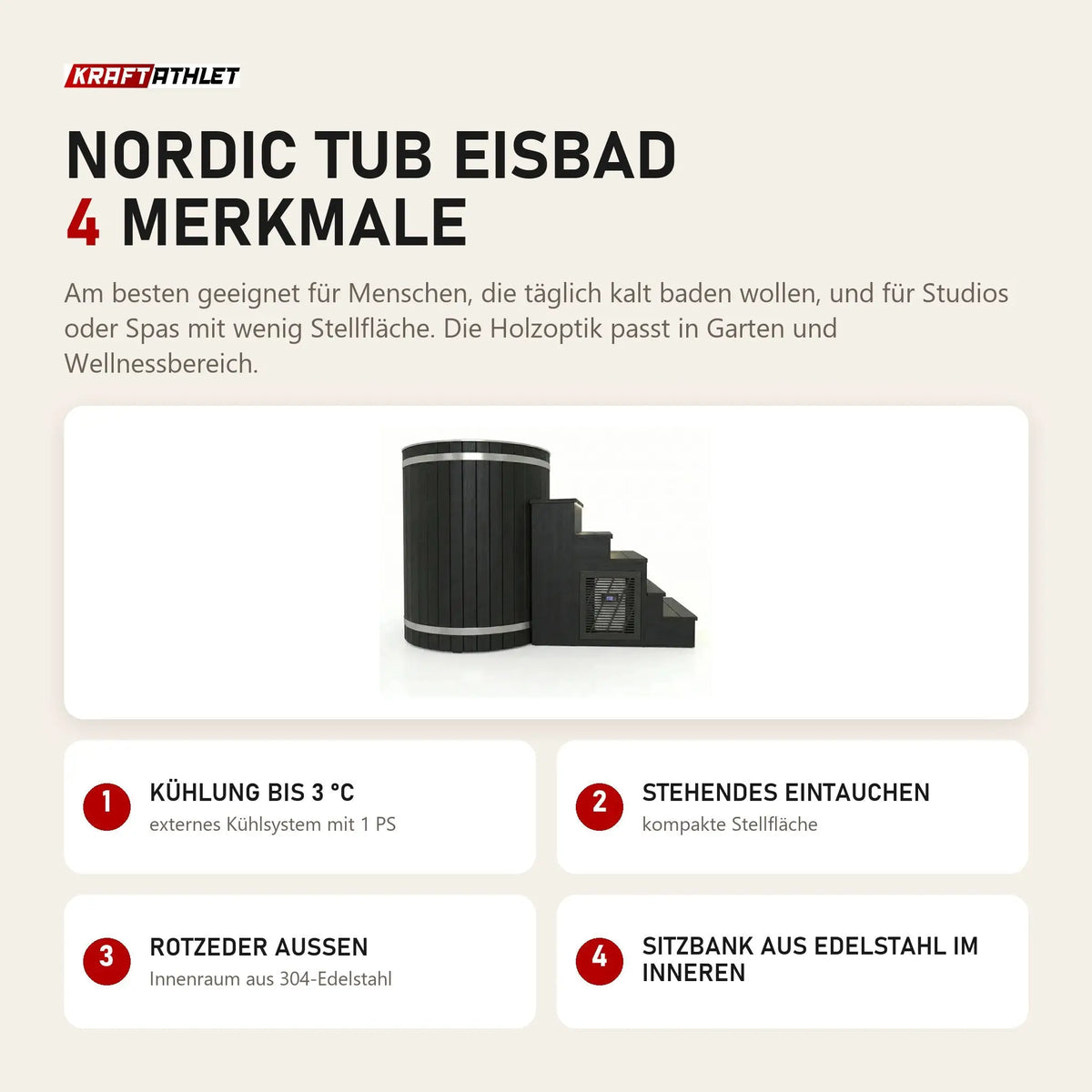 Swedish Cold Nordic Tub Eisbad mit 4 Merkmalen: Kühlung bis 3 °C, Stehendes Eintauchen, Rotzeder außen, Sitzbank aus Edelstahl im Inneren