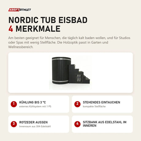 Swedish Cold Nordic Tub Eisbad mit 4 Merkmalen: Kühlung bis 3 °C, Stehendes Eintauchen, Rotzeder außen, Sitzbank aus Edelstahl im Inneren