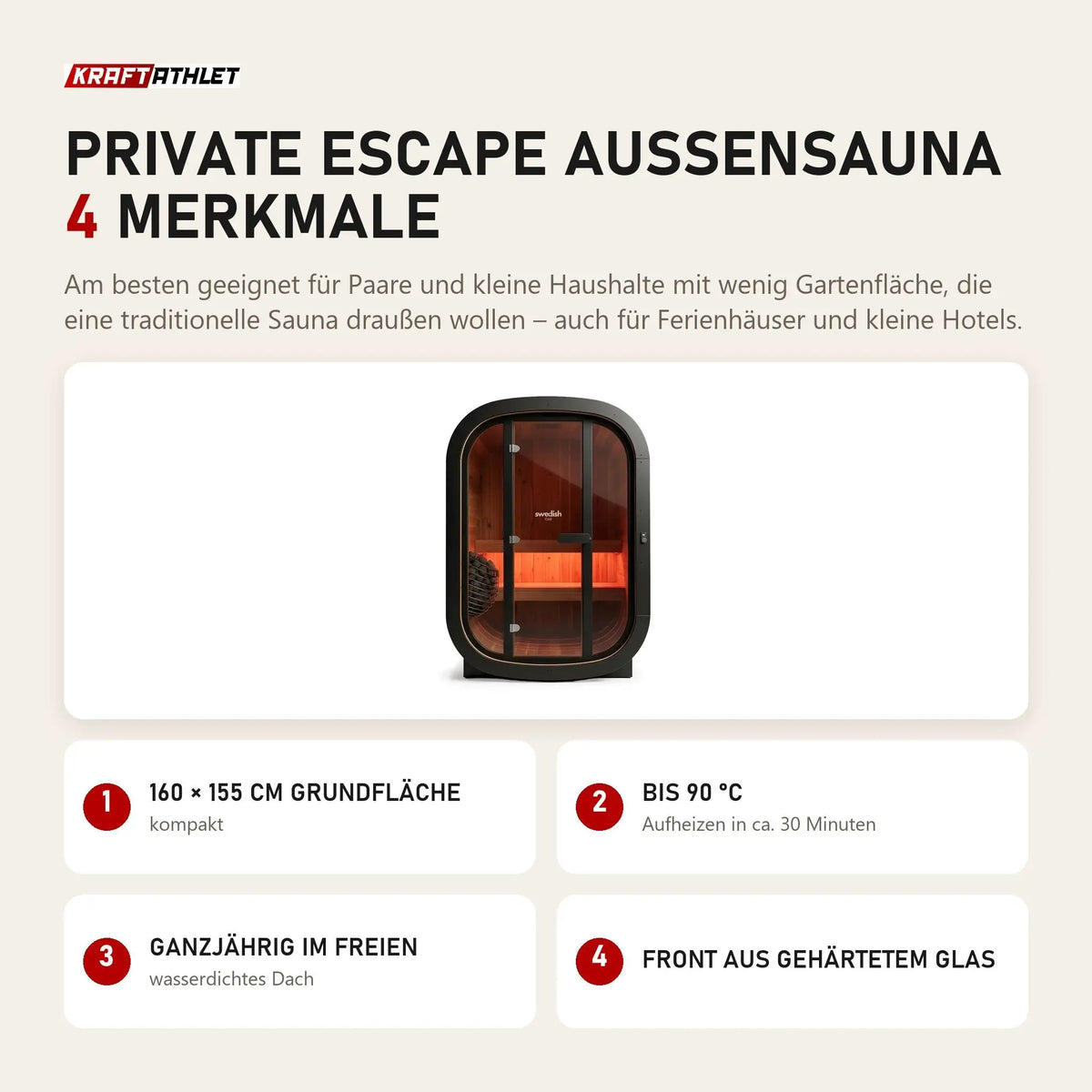 Swedish Cold Private Escape Außensauna mit 4 Merkmalen: 160 × 155 cm Grundfläche, Bis 90 °C, Ganzjährig im Freien, Front aus gehärtetem Glas