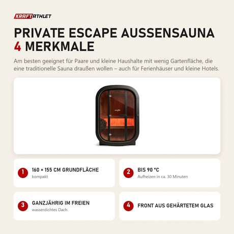 Swedish Cold Private Escape Außensauna mit 4 Merkmalen: 160 × 155 cm Grundfläche, Bis 90 °C, Ganzjährig im Freien, Front aus gehärtetem Glas