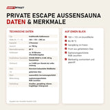 Technische Daten und Merkmale von Swedish Cold Private Escape Außensauna als Tabelle