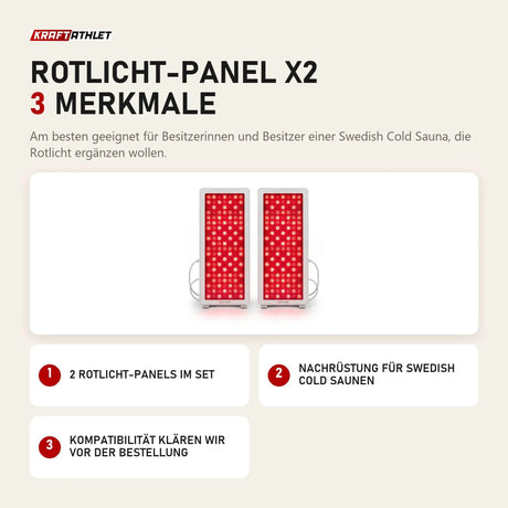 Swedish Cold Rotlicht-Panel x2 mit 3 Merkmalen: 2 Rotlicht-Panels im Set, Nachrüstung für Saunen, Kompatibilität klären wir vor der Bestellung