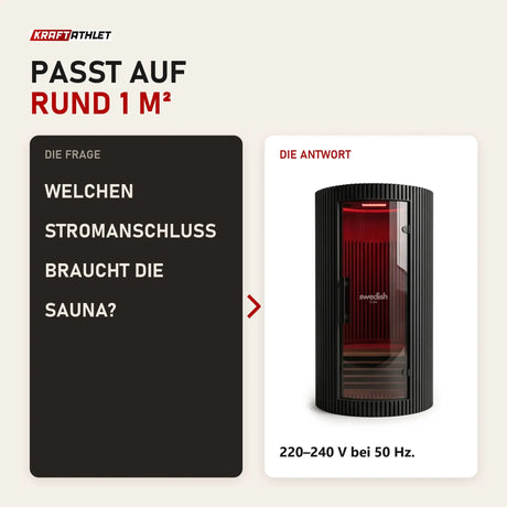 Frage und Antwort zu Swedish Cold Sanctuary Solo Infrarotsauna: Welchen Stromanschluss braucht die Sauna?