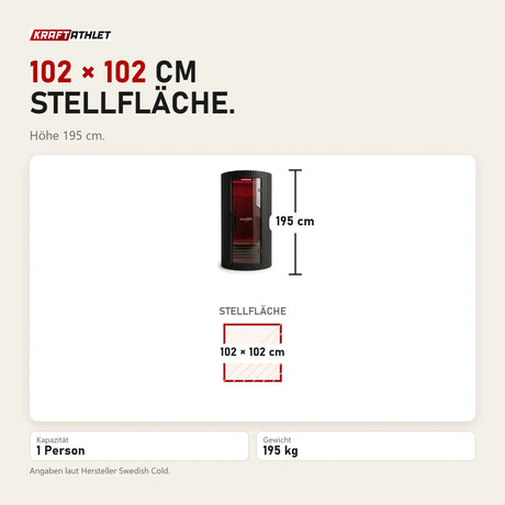 Maßbild Swedish Cold Sanctuary Solo Infrarotsauna: Stellfläche 102 × 102 cm, Höhe 195 cm