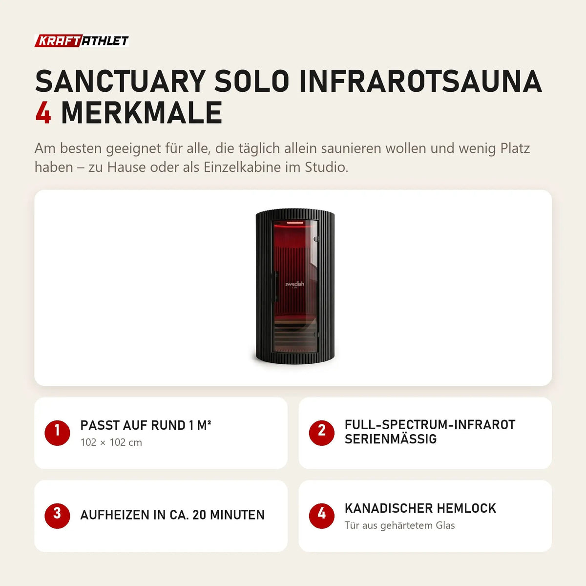 Swedish Cold Sanctuary Solo Infrarotsauna mit 4 Merkmalen: Passt auf rund 1 m², Full-Spectrum-Infrarot serienmäßig, Aufheizen in ca. 20 Minuten, Kanadischer Hemlock