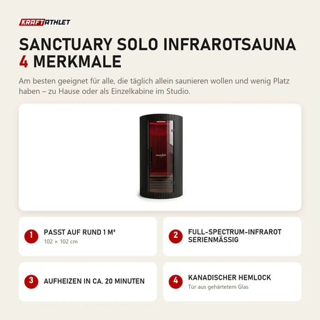 Swedish Cold Sanctuary Solo Infrarotsauna mit 4 Merkmalen: Passt auf rund 1 m², Full-Spectrum-Infrarot serienmäßig, Aufheizen in ca. 20 Minuten, Kanadischer Hemlock