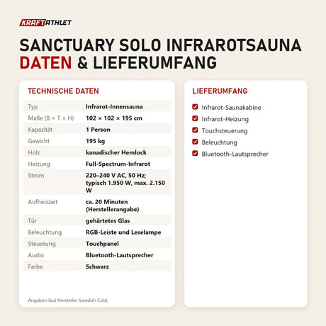 Technische Daten und Lieferumfang von Swedish Cold Sanctuary Solo Infrarotsauna als Tabelle