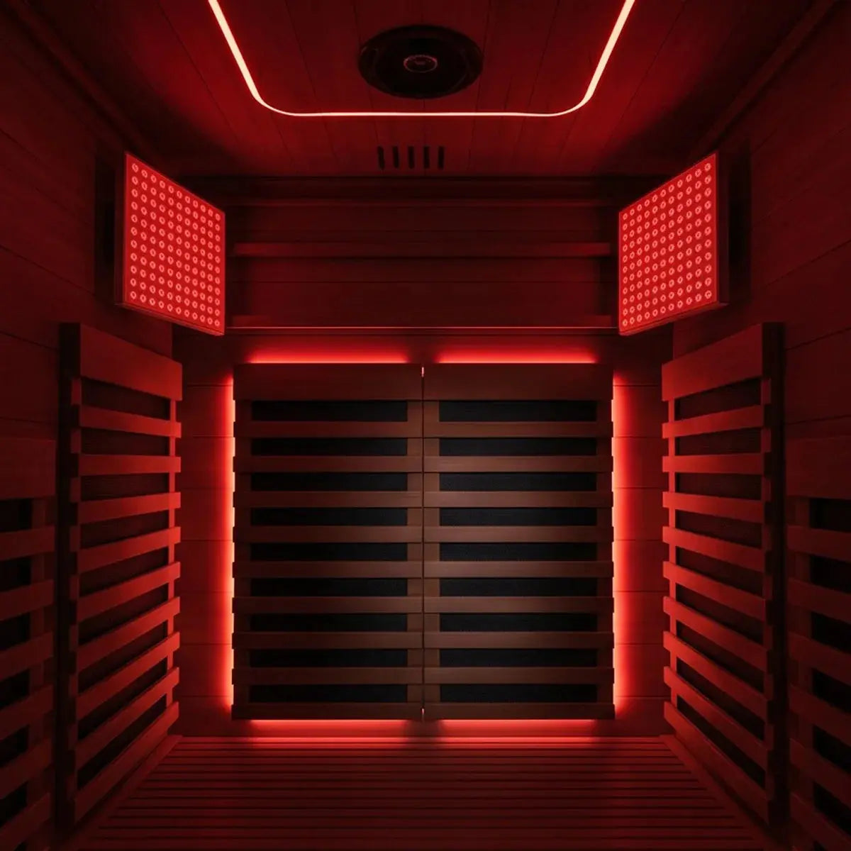 Swedish Cold Ultimate Lux Infrarotsauna, Innenansicht mit Holzlamellen, Rotlicht-Paneelen und Deckenlautsprecher
