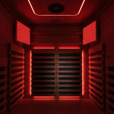 Swedish Cold Ultimate Lux Infrarotsauna, Innenansicht mit Holzlamellen, Rotlicht-Paneelen und Deckenlautsprecher