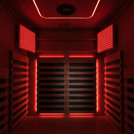 Swedish Cold Ultimate Lux Infrarotsauna, Innenansicht mit Holzlamellen, Rotlicht-Paneelen und Deckenlautsprecher