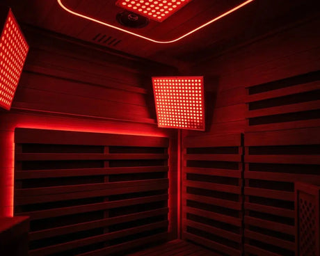 Swedish Cold Ultimate Lux Infrarotsauna, Innenansicht schräg mit Rotlicht-Paneel an der Seitenwand