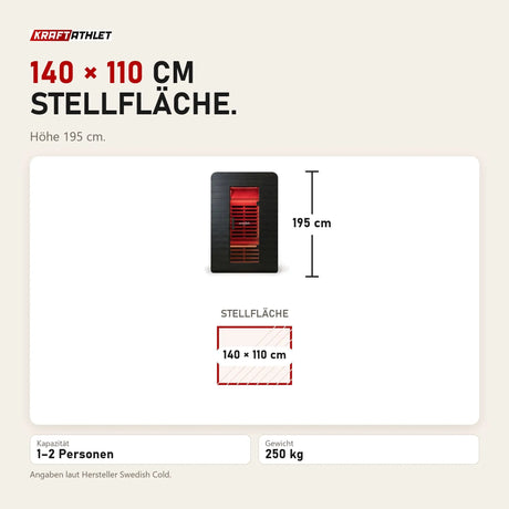 Maßbild Swedish Cold Ultimate Lux Infrarotsauna: Stellfläche 140 × 110 cm, Höhe 195 cm