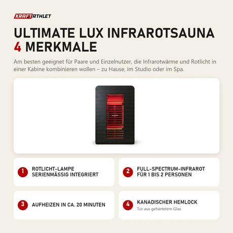 Swedish Cold Ultimate Lux Infrarotsauna mit 4 Merkmalen: Rotlicht-Lampe serienmäßig integriert, Full-Spectrum-Infrarot für 1 bis 2 Personen, Aufheizen in ca. 20 Minuten, Kanadischer Hemlock