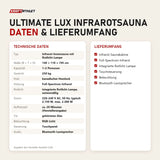 Technische Daten und Lieferumfang von Swedish Cold Ultimate Lux Infrarotsauna als Tabelle