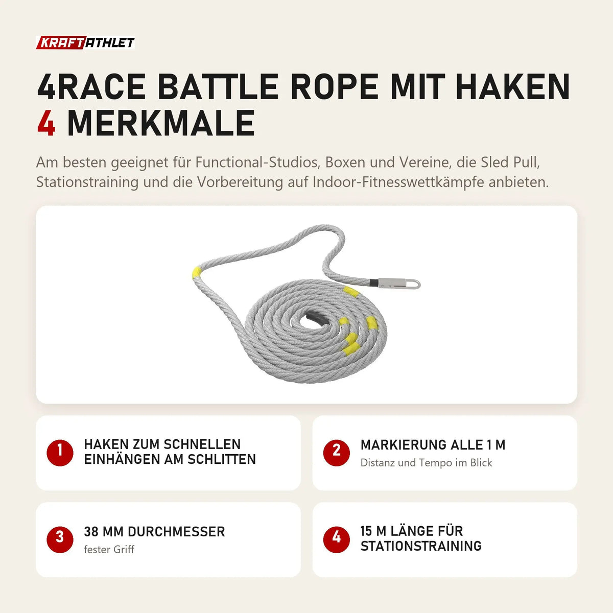 tiguar 4RACE Battle Rope mit Haken mit 4 Merkmalen: Haken zum schnellen Einhängen am Schlitten, Markierung alle 1 m, 38 mm Durchmesser, 15 m Länge für Stationstraining