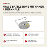 tiguar 4RACE Battle Rope mit Haken mit 4 Merkmalen: Haken zum schnellen Einhängen am Schlitten, Markierung alle 1 m, 38 mm Durchmesser, 15 m Länge für Stationstraining