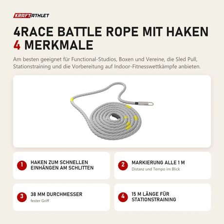 tiguar 4RACE Battle Rope mit Haken mit 4 Merkmalen: Haken zum schnellen Einhängen am Schlitten, Markierung alle 1 m, 38 mm Durchmesser, 15 m Länge für Stationstraining