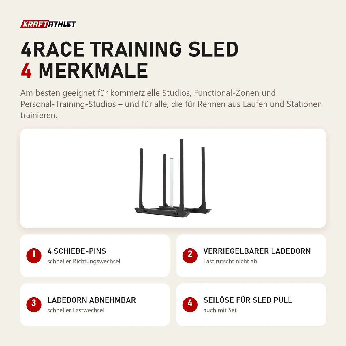 tiguar 4RACE Training Sled mit 4 Merkmalen: 4 Schiebe-Pins, Verriegelbarer Ladedorn, Ladedorn abnehmbar, Seilöse für Sled Pull