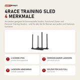 tiguar 4RACE Training Sled mit 4 Merkmalen: 4 Schiebe-Pins, Verriegelbarer Ladedorn, Ladedorn abnehmbar, Seilöse für Sled Pull