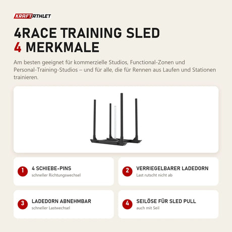 tiguar 4RACE Training Sled mit 4 Merkmalen: 4 Schiebe-Pins, Verriegelbarer Ladedorn, Ladedorn abnehmbar, Seilöse für Sled Pull