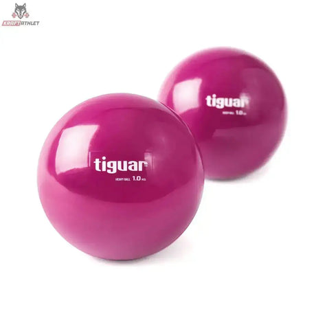 tiguar Heavyball 1 kg Paar Lila Gewichtsball, zwei Bälle nebeneinander mit Logo auf der Oberfläche