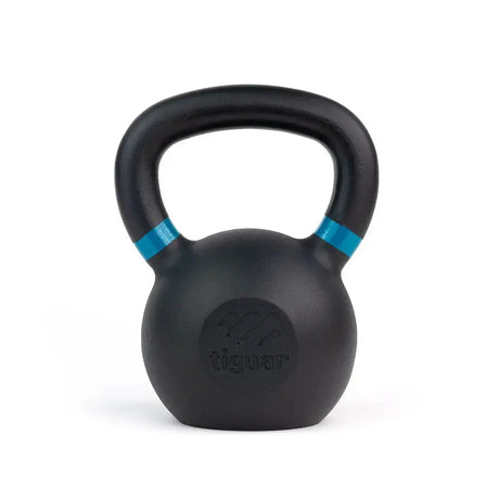 tiguar Kettlebell RAW 14 kg V2 aus schwarzem Gusseisen mit petrolfarbenem Griffband, Frontansicht