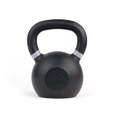 tiguar Kettlebell RAW 18 kg V2: schwarze Kettlebell mit silbernem Ring, Frontansicht