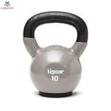 tiguar Kettlebell 10 kg Vinyl in Grau mit schwarzem Griff, Frontansicht auf weißem Grund