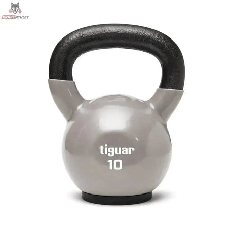 tiguar Kettlebell 10 kg Vinyl in Grau mit schwarzem Griff, Frontansicht auf weißem Grund