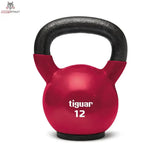 tiguar Kettlebell 12 kg Vinyl in Frontansicht, rote Kugel mit schwarzem Griff und Logo