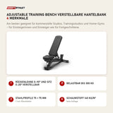tiguar Adjustable Training Bench verstellbare Hantelbank mit 4 Merkmalen: Rückenlehne 0–90° und Sitz 0–20° verstellbar, Belastbar bis 300 kg, Stahlprofile 75 × 75 mm, Schaumstoff 140 kg/m³