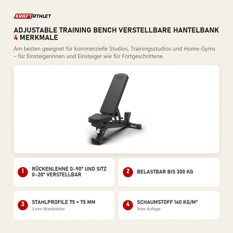 tiguar Adjustable Training Bench verstellbare Hantelbank mit 4 Merkmalen: Rückenlehne 0–90° und Sitz 0–20° verstellbar, Belastbar bis 300 kg, Stahlprofile 75 × 75 mm, Schaumstoff 140 kg/m³