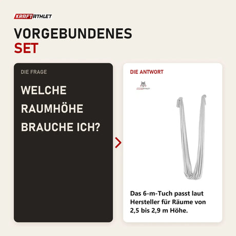 Frage und Antwort zu tiguar Aerial Hammock 6 m Grau Aerial-Yoga-Tuch: Welche Raumhöhe brauche ich?