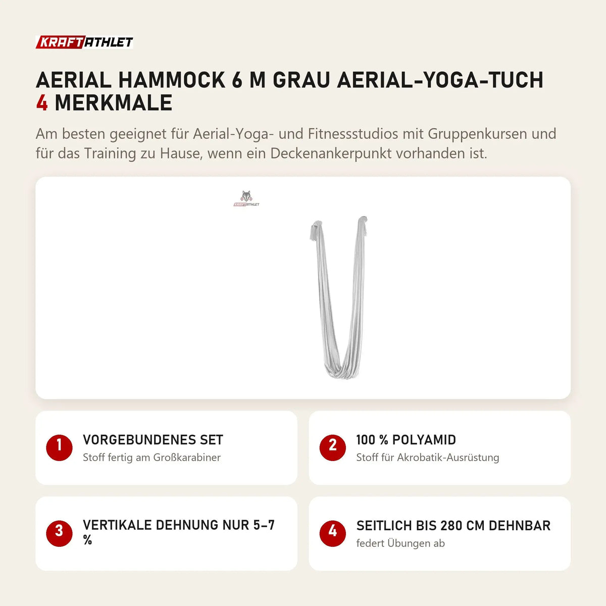 tiguar Aerial Hammock 6 m Grau Aerial-Yoga-Tuch mit 4 Merkmalen: Vorgebundenes Set, 100 % Polyamid, Vertikale Dehnung nur 5–7 %, Seitlich bis 280 cm dehnbar