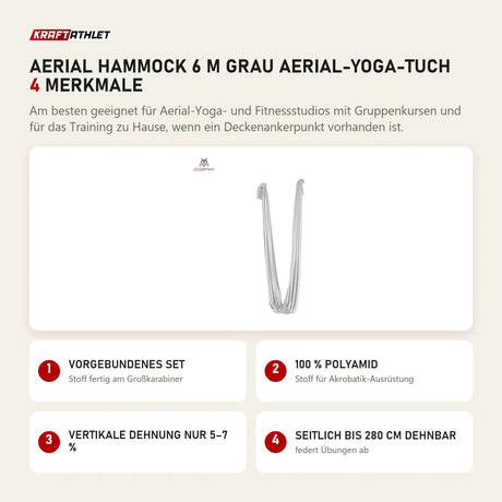 tiguar Aerial Hammock 6 m Grau Aerial-Yoga-Tuch mit 4 Merkmalen: Vorgebundenes Set, 100 % Polyamid, Vertikale Dehnung nur 5–7 %, Seitlich bis 280 cm dehnbar